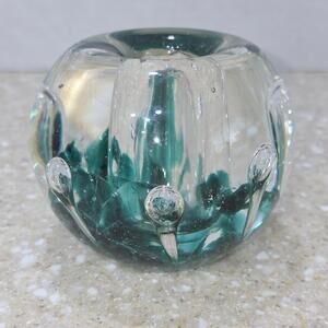 Murano Style Vtg Glass Paperweight Candle Holder Clear Green w/ Bubbles 3.5"